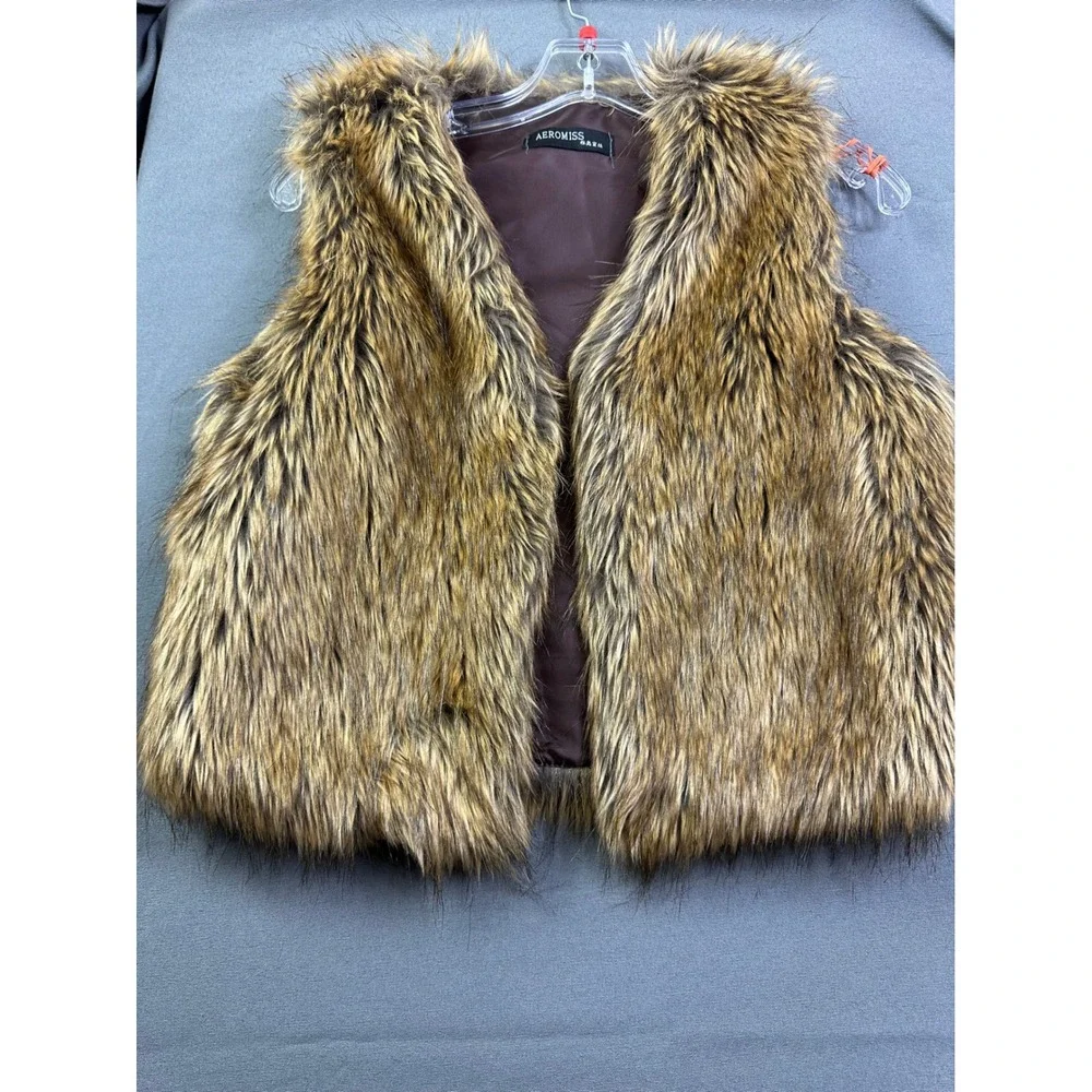 Aeromiss Brown Faux Fur Vest Open Front Sleeveless Jacket Women's Large L